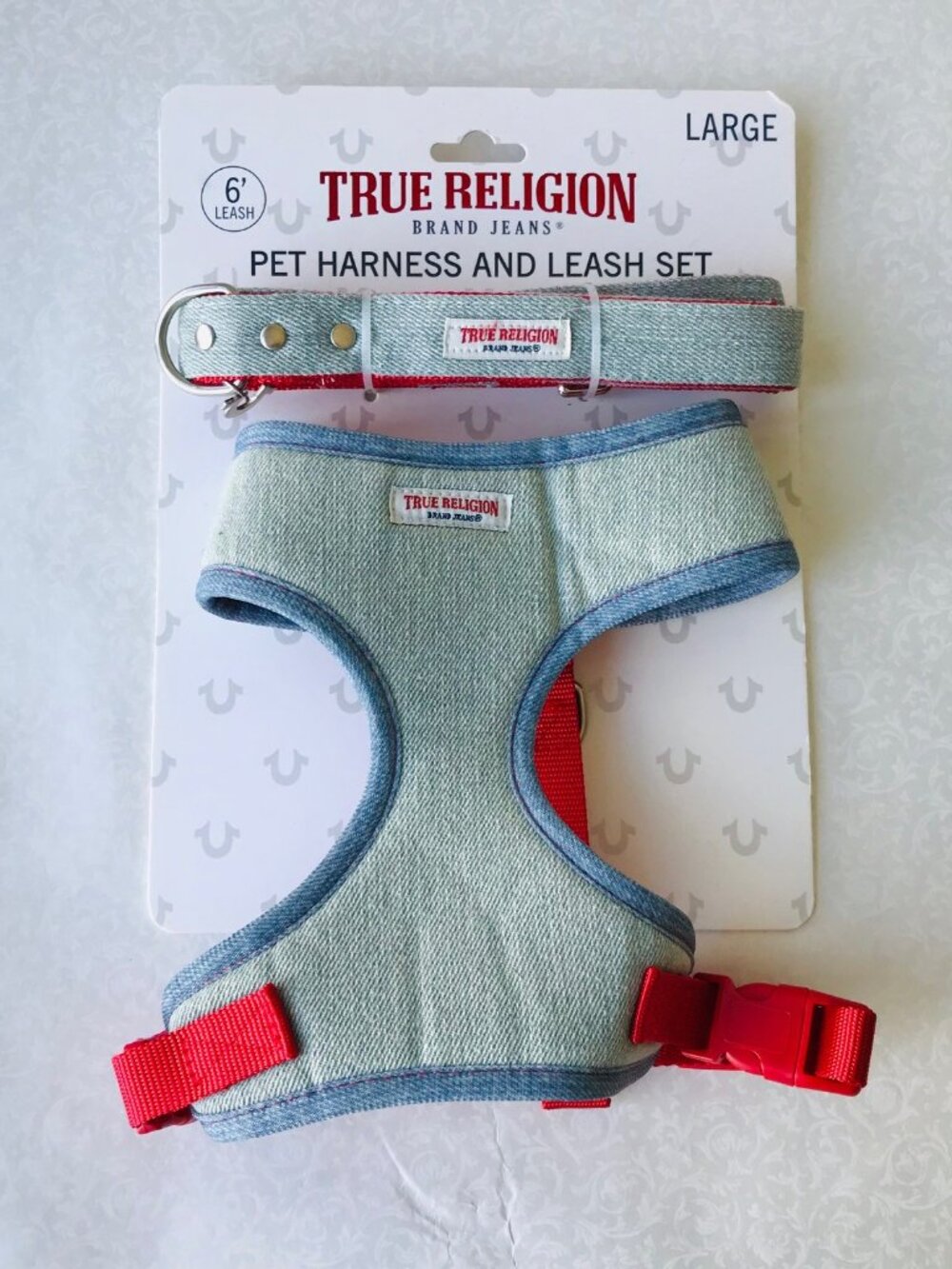 True Religion Pet Harness & Leash Set  Light Blue /Red Lined   Size : L